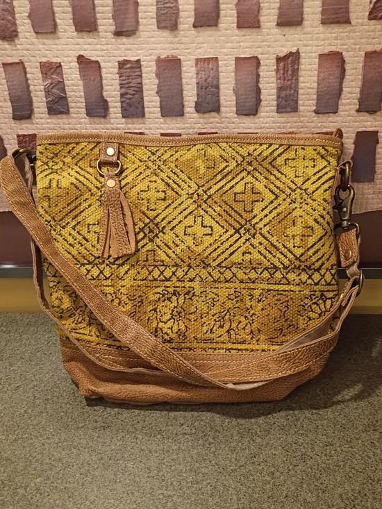 Myra Bag Handbags - Myra Bag Yellow Embroidered Crossbody with Brown Leather Trim